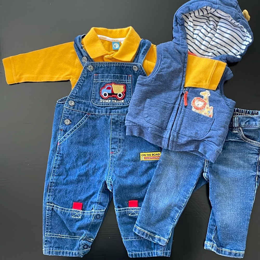 6 mo interchangeable overalls, vest, jeans & one piece shirt
